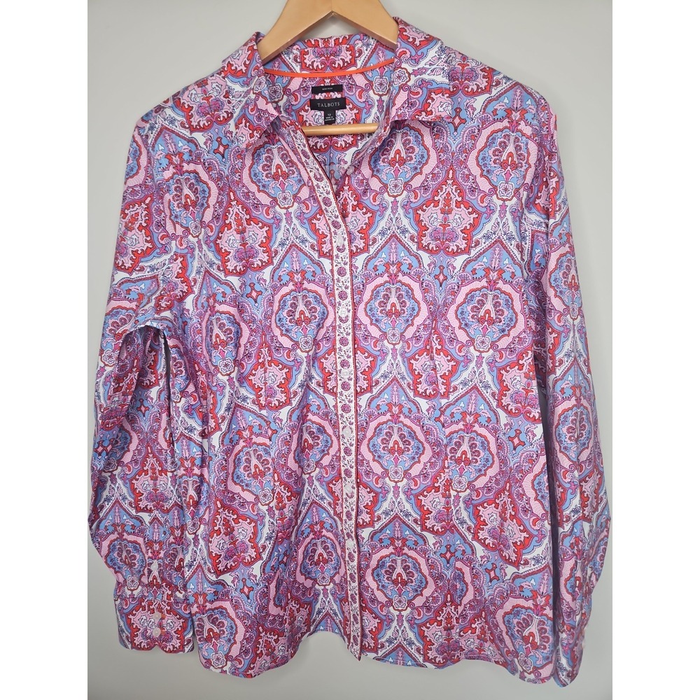 Talbots Perfect Shirt 12 Pink Button Up Whimsical Medallion CottageCore Coastal